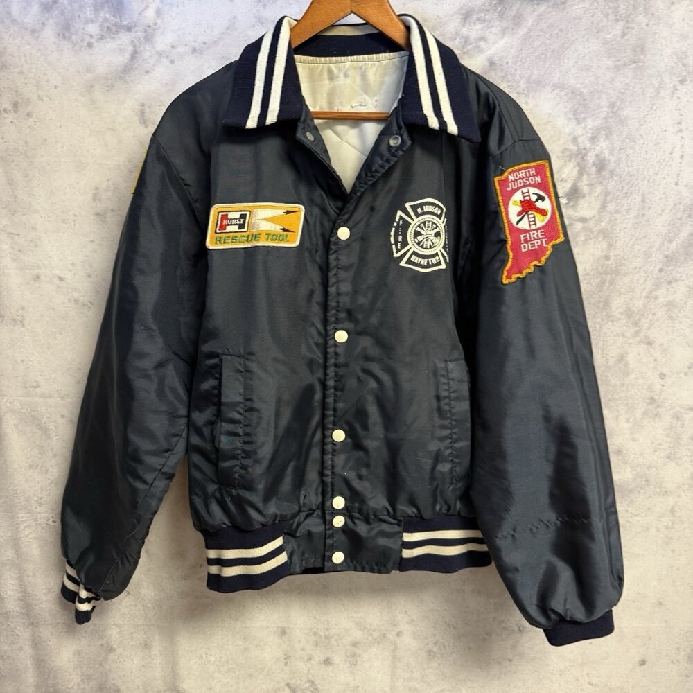 Vintage Fire Dept Bomber Jacket Mens Blue Insulated North Hudson Firefighter